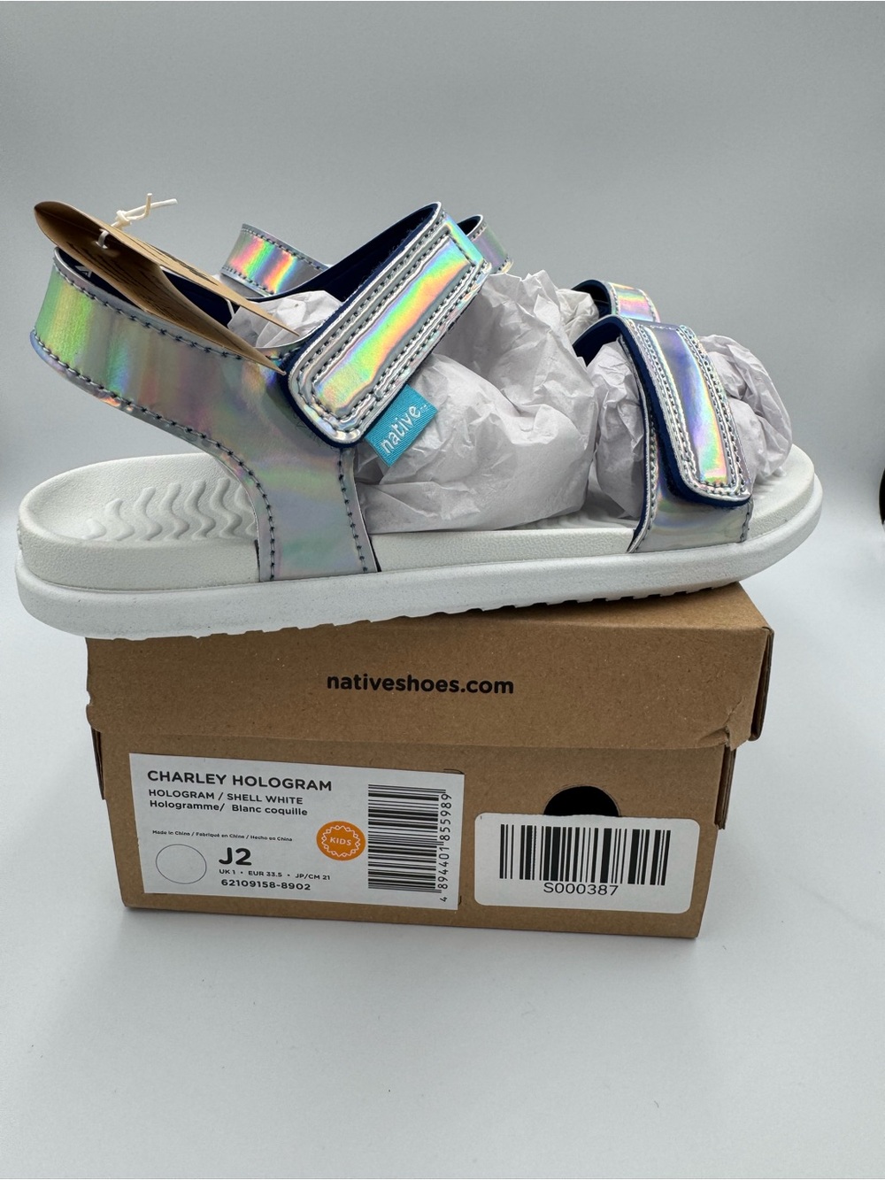 Native Charley Hologram Sandals Kids J2 Silver Iridescent Hook & Loop NWT